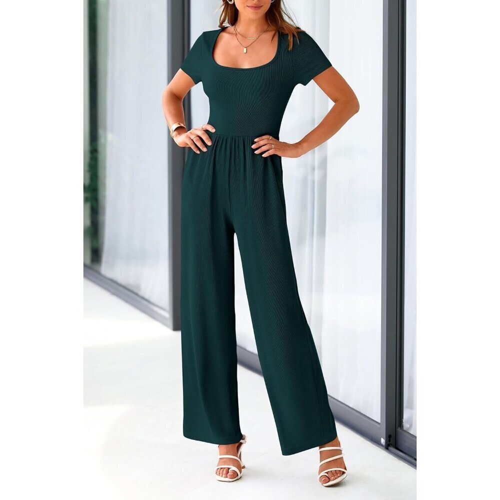 Women's Dark Green Summer Short Sleeve Square Neck Wide Leg Rompers Jumpsuits - Picture 4 of 8